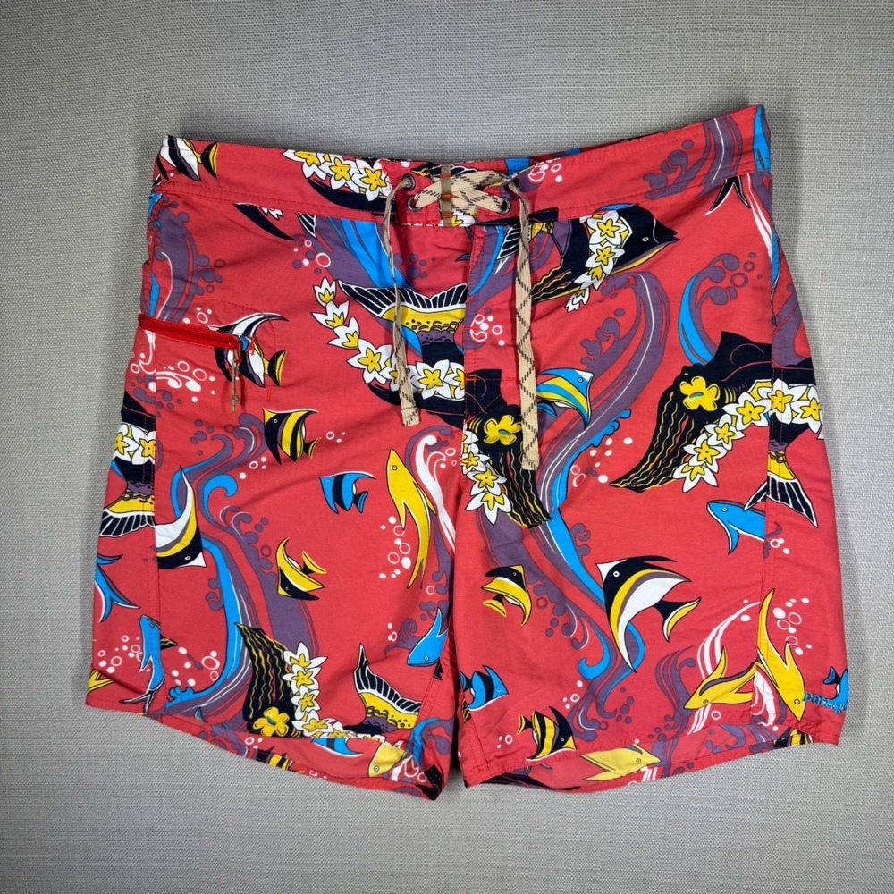 Patagonia Mens Vintage 90s Board Shorts Tropical Fish Floral Print Red Size 33